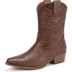 image:imageIDIFU IN2 Cowboy Boots for Women Cowgirl Western Ankle Boots Embroidered Stitched Pointed Toe Short Low Chunky Heel Dress Boots Comfortable Country Cute Fashion Vintage Classic BootiesBrown