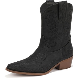 image:imageIDIFU IN2 Cowboy Boots for Women Cowgirl Western Ankle Boots Embroidered Stitched Pointed Toe Short Low Chunky Heel Dress Boots Comfortable Country Cute Fashion Vintage Classic BootiesBlack