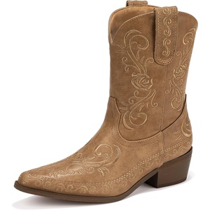 image:imageIDIFU IN2 Cowboy Boots for Women Cowgirl Western Ankle Boots Embroidered Stitched Pointed Toe Short Low Chunky Heel Dress Boots Comfortable Country Cute Fashion Vintage Classic BootiesTan