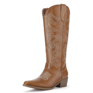 image:imageIDIFU IN2 Cowboy Boots for Women Knee High Cowgirl Western Boot Wide Calf Pointed Toe Embroidered Chunky Low Heel Country Boot with Side Zipper Comfortable Classic Retro Dress BootsBrown Pu