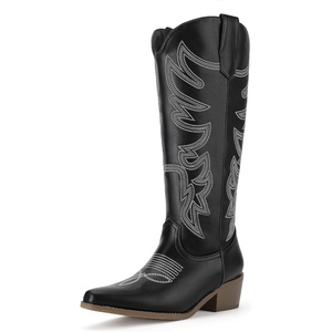 image:imageIDIFU IN2 Cowboy Boots for Women Knee High Cowgirl Western Boot Wide Calf Pointed Toe Embroidered Chunky Low Heel Country Boot with Side Zipper Comfortable Classic Retro Dress BootsBlack Pu