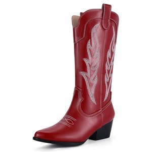 image:imageIDIFU IN2 Cowboy Boots for Women Mid Calf Cowgirl Boots Embroidered Western Boots Chunky Low Heel Pointed Toe Country Boots Cute Fashion Booties for Women Dress Wedding Heeled BootsRed