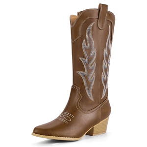 image:imageIDIFU IN2 Cowboy Boots for Women Mid Calf Cowgirl Boots Embroidered Western Boots Chunky Low Heel Pointed Toe Country Boots Cute Fashion Booties for Women Dress Wedding Heeled BootsBrown