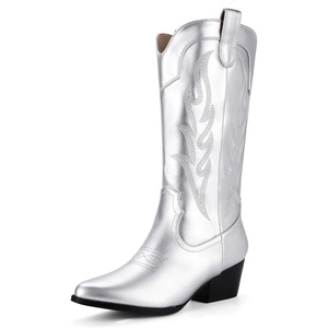 image:imageIDIFU IN2 Cowboy Boots for Women Mid Calf Cowgirl Boots Embroidered Western Boots Chunky Low Heel Pointed Toe Country Boots Cute Fashion Booties for Women Dress Wedding Heeled BootsSilver