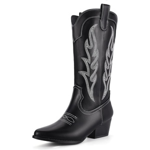 image:imageIDIFU IN2 Cowboy Boots for Women Mid Calf Cowgirl Boots Embroidered Western Boots Chunky Low Heel Pointed Toe Country Boots Cute Fashion Booties for Women Dress Wedding Heeled BootsBlack