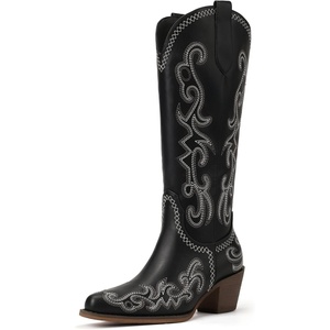 image:imageIDIFU IN2 Cowboy Boots for Women Western Cowgirl Knee High Long Boots Low Chunky Block Heel Pointed Toe Fashion Dressy Embroidered Wedding Country Concert Heeled BootsBlack