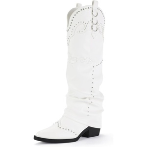 image:imageIDIFU IN2 Fold Over Cowboy Boots for Women Cowgirl Knee High Western Embroidered Pointed Toe Slouchy Low Short Block Chunky Heel Zipper Comfort Fashion Cute Trendy Prom Dressy Fall BootsWhite Pu
