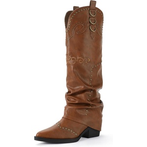 image:imageIDIFU IN2 Fold Over Cowboy Boots for Women Cowgirl Knee High Western Embroidered Pointed Toe Slouchy Low Short Block Chunky Heel Zipper Comfort Fashion Cute Trendy Prom Dressy Fall BootsBrown Pu
