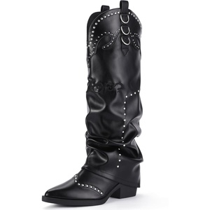 image:imageIDIFU IN2 Fold Over Cowboy Boots for Women Cowgirl Knee High Western Embroidered Pointed Toe Slouchy Low Short Block Chunky Heel Zipper Comfort Fashion Cute Trendy Prom Dressy Fall BootsBlack Pu