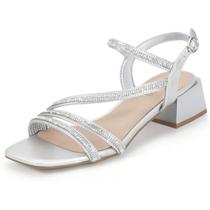 image:imageIDIFU IN2 Rhinestone Low Heels for Women Sparkly Dressy Block Short Strappy Square Open Toe Chunky Heeled Sandals Prom Wedding Bride Party Dress Shoes Comfortable Bling Thick HeelsSilver Rhinestone