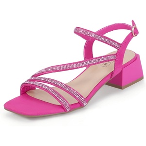 image:imageIDIFU IN2 Rhinestone Low Heels for Women Sparkly Dressy Block Short Strappy Square Open Toe Chunky Heeled Sandals Prom Wedding Bride Party Dress Shoes Comfortable Bling Thick HeelsHot Pink Rhinestone