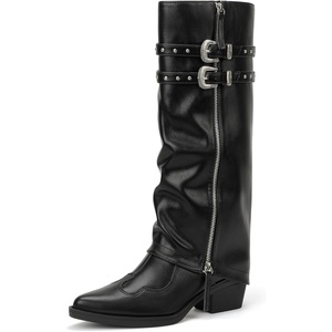 image:imageIDIFU IN2 Women Fold Over Cowboy Boots Slouchy Cowgirl Knee High Boots Pointed Toe Low Short Block Chunky Heel Boot Long Tall Studded Zipper Buckles Comfort Trendy Dressy Shark BootBlack Pu