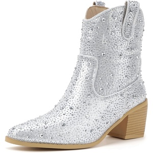 image:imageIDIFU IN2 Womens Booties Cowgirl Cowboy Rhinestone Ankle Boots for Women Low Short Block Heel Pointed Toe Slip On Fall Booties Ladies Western Sparkly Glitter Disco Wedding Fashion Dressy BootsSilver Rhinestone