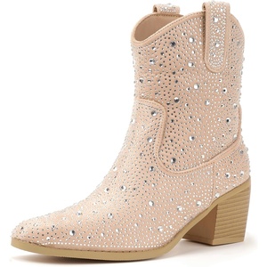 image:imageIDIFU IN2 Womens Booties Cowgirl Cowboy Rhinestone Ankle Boots for Women Low Short Block Heel Pointed Toe Slip On Fall Booties Ladies Western Sparkly Glitter Disco Wedding Fashion Dressy BootsTan Rhinestone