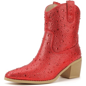 image:imageIDIFU IN2 Womens Booties Cowgirl Cowboy Rhinestone Ankle Boots for Women Low Short Block Heel Pointed Toe Slip On Fall Booties Ladies Western Sparkly Glitter Disco Wedding Fashion Dressy BootsRed Rhinestone