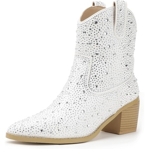 image:imageIDIFU IN2 Womens Booties Cowgirl Cowboy Rhinestone Ankle Boots for Women Low Short Block Heel Pointed Toe Slip On Fall Booties Ladies Western Sparkly Glitter Disco Wedding Fashion Dressy BootsWhite Rhinestone
