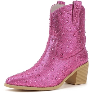 image:imageIDIFU IN2 Womens Booties Cowgirl Cowboy Rhinestone Ankle Boots for Women Low Short Block Heel Pointed Toe Slip On Fall Booties Ladies Western Sparkly Glitter Disco Wedding Fashion Dressy BootsHot Pink Rhinestone
