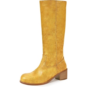 image:imageIDIFU IN2 Womens Knee High Boots Banana Square Toe Chunky Block Low Heel Tall Boot Long Fall Riding BootsBanana Yellow