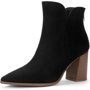 image:imageIDIFU IN3 Ankle Boots for Women Chunky Block Short Heel Boot Comfortable Classic Pointed Toe Dress Booties Casual Dressy Fashion Side V Cutout with Zipper Fall BootsBlack Suede