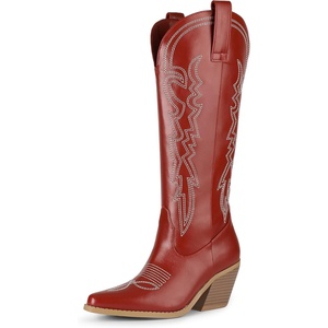 image:imageIDIFU IN3 Cowboy Boots for Women Cowgirl Knee High Western Embroidered Booties Side Zipper Low Block Chunky Heel Pull on Pointed Toe Tall Booties Comfy Dress Long BootsRed Pu