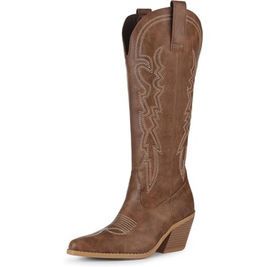 image:imageIDIFU IN3 Cowboy Boots for Women Cowgirl Knee High Western Embroidered Booties Side Zipper Low Block Chunky Heel Pull on Pointed Toe Tall Booties Comfy Dress Long BootsBrown Pu