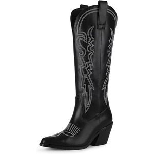 image:imageIDIFU IN3 Cowboy Boots for Women Cowgirl Knee High Western Embroidered Booties Side Zipper Low Block Chunky Heel Pull on Pointed Toe Tall Booties Comfy Dress Long BootsBlack Pu