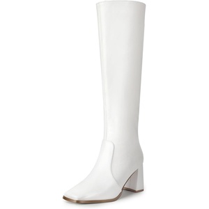 image:imageIDIFU IN3 Knee High Boots for Women Square Toe GoGo Chunky High Heeled Tall Long Fall Boot with Side Zipper Dress Comfortable Fashion Pull On Small Thick Heel BootsNew Fashion White Pu