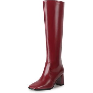 image:imageIDIFU IN3 Knee High Boots for Women Square Toe GoGo Chunky High Heeled Tall Long Fall Boot with Side Zipper Dress Comfortable Fashion Pull On Small Thick Heel BootsNew Fashion Red Pu