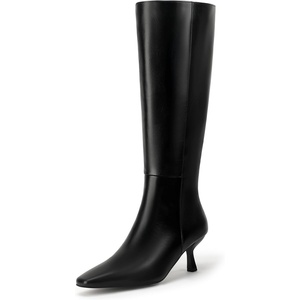 image:imageIDIFU IN3 Knee High Boots for Women Square Toe Low Kitten Heel Tall Long Fall Boot with Side Zipper Dress Comfortable Fashion Pull On Small Heel GoGo Heeled BootsBlack Pu