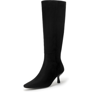image:imageIDIFU IN3 Knee High Boots for Women Square Toe Low Kitten Heel Tall Long Fall Boot with Side Zipper Dress Comfortable Fashion Pull On Small Heel GoGo Heeled BootsBlack Suede