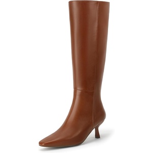 image:imageIDIFU IN3 Knee High Boots for Women Square Toe Low Kitten Heel Tall Long Fall Boot with Side Zipper Dress Comfortable Fashion Pull On Small Heel GoGo Heeled BootsBrown Pu