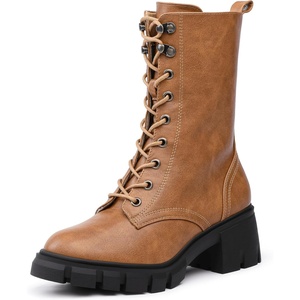 image:imageIDIFU IN3 Platform Combat Boots for Women Mid Calf Lace Up Boots Lug Sole Low Chunky Block Heel Boots Closed Round Toe Side Zipper Booties Fashion Thick Fall Heeled BootsLOOSEN ALL LACES FIRSTLYTan Pu