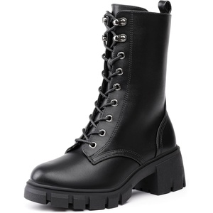 image:imageIDIFU IN3 Platform Combat Boots for Women Mid Calf Lace Up Boots Lug Sole Low Chunky Block Heel Boots Closed Round Toe Side Zipper Booties Fashion Thick Fall Heeled BootsLOOSEN ALL LACES FIRSTLYBlack Pu