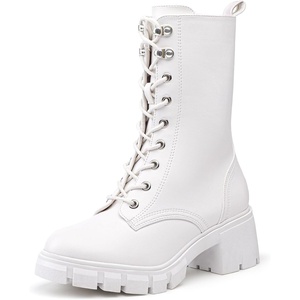 image:imageIDIFU IN3 Platform Combat Boots for Women Mid Calf Lace Up Boots Lug Sole Low Chunky Block Heel Boots Closed Round Toe Side Zipper Booties Fashion Thick Fall Heeled BootsLOOSEN ALL LACES FIRSTLYWhite Pu