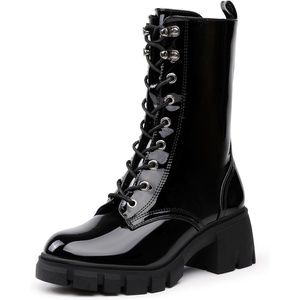 image:imageIDIFU IN3 Platform Combat Boots for Women Mid Calf Lace Up Boots Lug Sole Low Chunky Block Heel Boots Closed Round Toe Side Zipper Booties Fashion Thick Fall Heeled BootsLOOSEN ALL LACES FIRSTLYBlack Patent