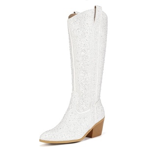 image:imageIDIFU IN3 Rhinestone Cowboy Boots For Women Knee High Western Cowgirl Boots Pointed Toe Block Chunky Heels Sparkly Glitter Long Tall Dress Booties Party Bling Shiny BootsWhite Rhinestone