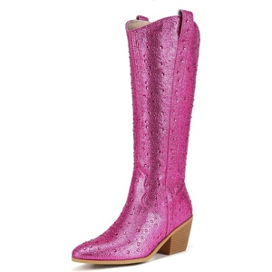 image:imageIDIFU IN3 Rhinestone Cowboy Boots For Women Knee High Western Cowgirl Boots Pointed Toe Block Chunky Heels Sparkly Glitter Long Tall Dress Booties Party Bling Shiny BootsHot Pink Rhinestone