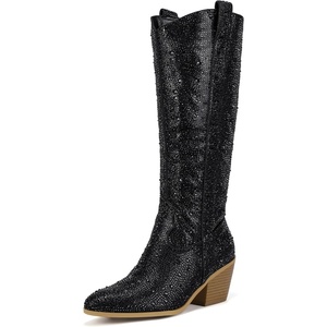 image:imageIDIFU IN3 Rhinestone Cowboy Boots For Women Knee High Western Cowgirl Boots Pointed Toe Block Chunky Heels Sparkly Glitter Long Tall Dress Booties Party Bling Shiny BootsBlack Rhinestone