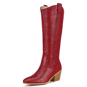 image:imageIDIFU IN3 Rhinestone Cowboy Boots For Women Knee High Western Cowgirl Boots Pointed Toe Block Chunky Heels Sparkly Glitter Long Tall Dress Booties Party Bling Shiny BootsRed Rhinestone