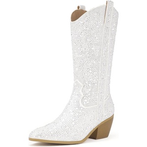 image:imageIDIFU IN3 Rhinestone Cowboy Boots for Women Mid Calf Sparkly Western Cowgirl Pointed Toe Booties Low Block Chunky Heel Glitter Country Cute Zipper Dress Booties Wedding Party Bling Shiny BootsWhite Rhinestone