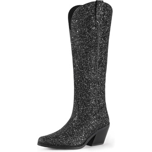 image:imageIDIFU IN3 Sparkly Cowboy Cowgirl Boots for Women Knee High Tall Long Glitter Dress Low Chunky Block Heel Sequin Sparkle Wedding Party Date Bride Ladies Bling Shiny BootsBlack