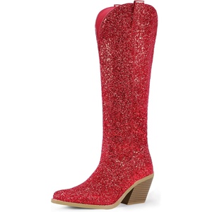 image:imageIDIFU IN3 Sparkly Cowboy Cowgirl Boots for Women Knee High Tall Long Glitter Dress Low Chunky Block Heel Sequin Sparkle Wedding Party Date Bride Ladies Bling Shiny BootsRed