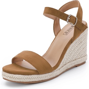 image:imageIDIFU IN4 Espadrille Wedge Sandals for Women Open Toe Ankle Strap Platform Wedges Heels Causal Summer Wedge Shoes Comfortable Espadrilles WedgesTan Suede