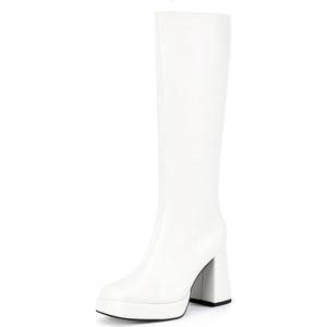 image:imageIDIFU IN4 Knee High Boots Women Platform Boots Tall High Long Square Toe Chunky Gogo Block Heel Boots Fall Dress Comfortable Fashion Cute Sexy Dance Booties for Women Zipper Heeled BootsWhite