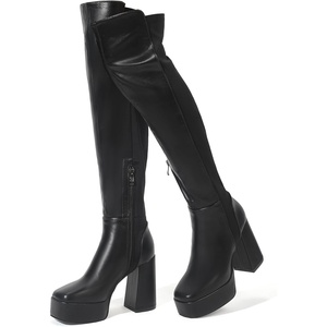 image:imageIDIFU IN4 Womens Thigh High Boots Over The Knee Stretch Platform Chunky Block Heel Side Zip Fashion Long BootsBlack Pu