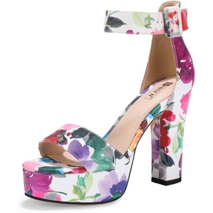 image:imageIDIFU IN5 Sabrina Platform Block Chunky High Heels Ankle Strap Heeled Sandals Sexy Wedding Party Dress Shoes for Women Open Toe HeelsFloral Purple