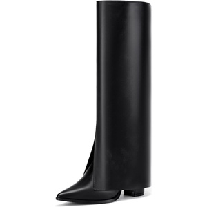 image:imageIDIFU Knee High Women Shark Boots Fold Over Tall High Chunky Heel Boots Pointed Toe Block Heeled Booties for Women Zip Up Dress Long Comfortable Cute Fashion Dressy Sexy Trendy Heel Booties BootsBlack Pu