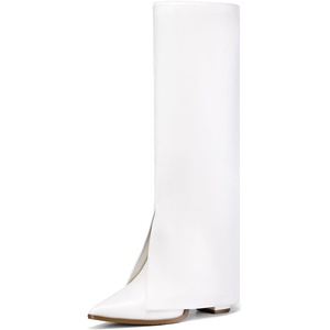 image:imageIDIFU Knee High Women Shark Boots Fold Over Tall High Chunky Heel Boots Pointed Toe Block Heeled Booties for Women Zip Up Dress Long Comfortable Cute Fashion Dressy Sexy Trendy Heel Booties BootsWhite Pu