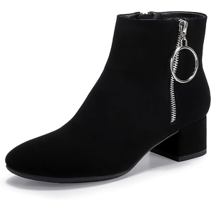 image:imageIDIFU Women Ring Zipper Ankle Boots 18 Inch Low Block Heels Round Toe Dress BootiesBlack Nubuck