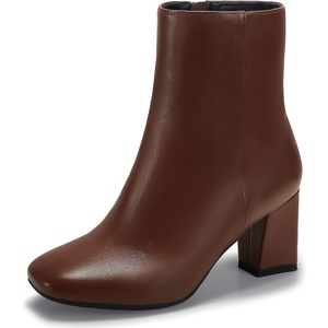 image:imageIDIFU Womens Aliza Fashion Square Toe Short Boots Side Zipper Low Block Heel Ankle BootiesDark Brown Pu